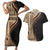 Samoa Siapo Motif and Tapa Pattern Half Style Couples Matching Short Sleeve Bodycon Dress and Hawaiian Shirt Beige Color