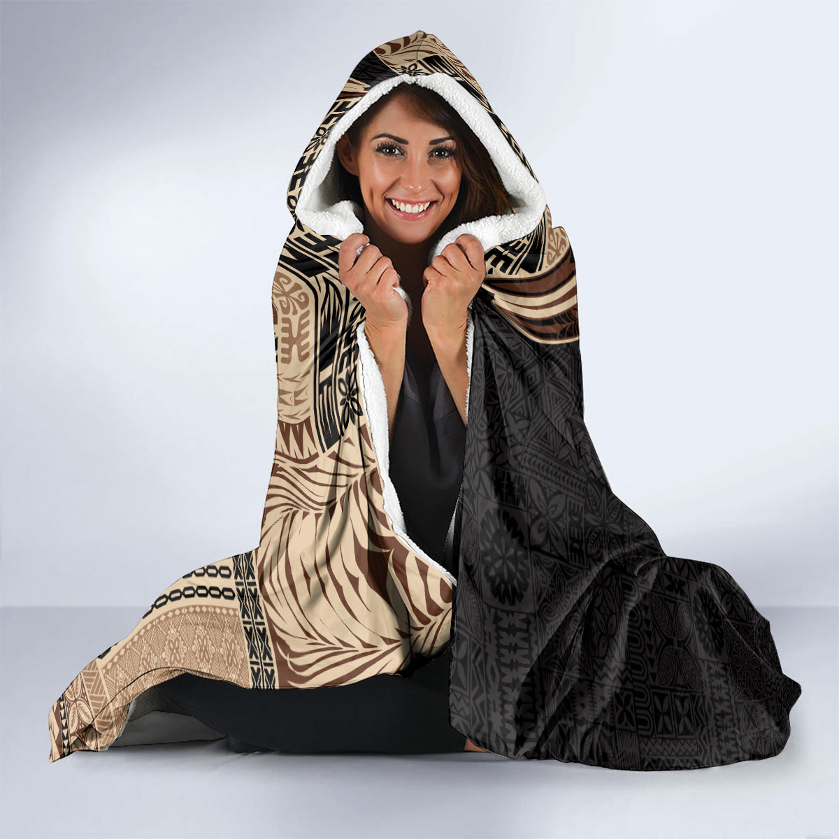 Samoa Siapo Motif and Tapa Pattern Half Style Hooded Blanket Beige Color LT03 - Polynesian Pride