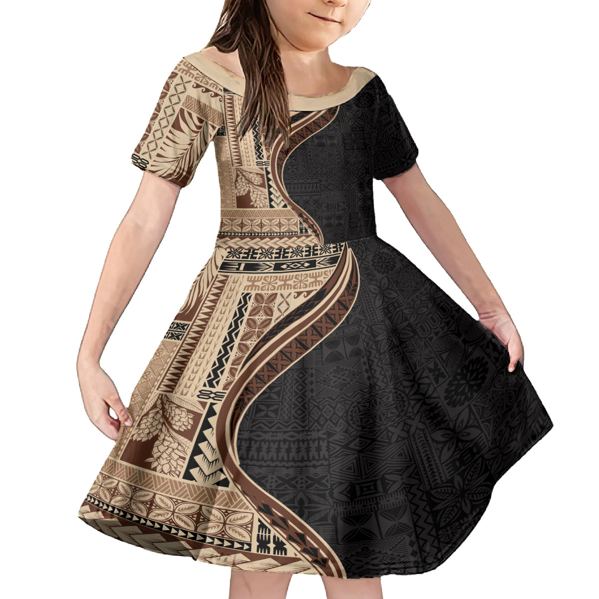 Samoa Siapo Motif and Tapa Pattern Half Style Kid Short Sleeve Dress Beige Color LT03 KID Beige - Polynesian Pride