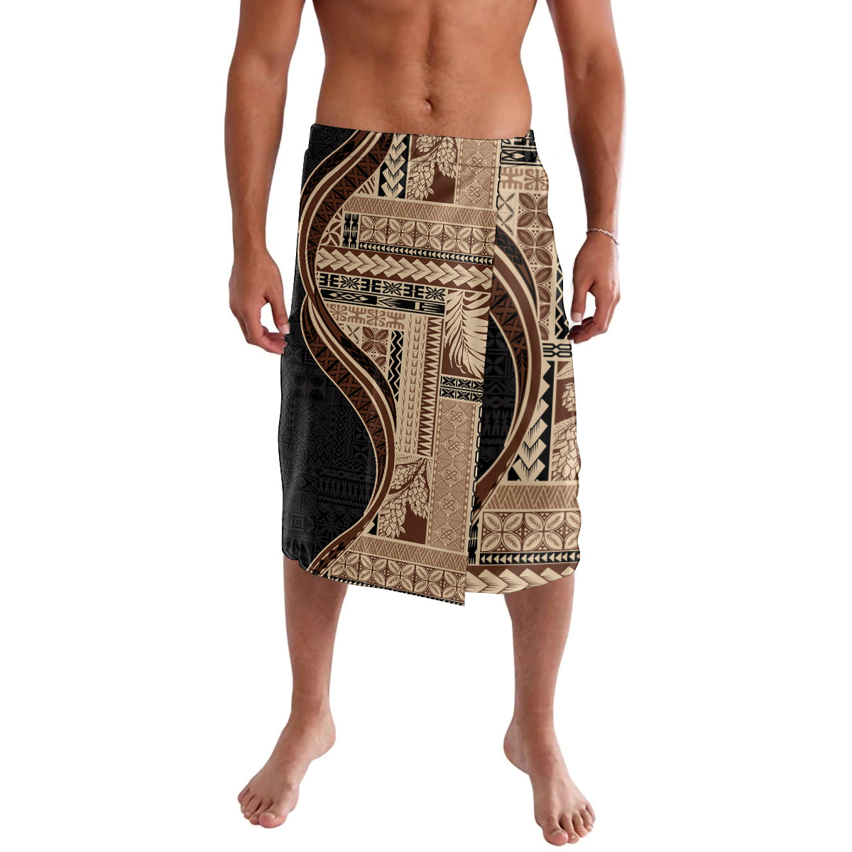 Samoa Siapo Motif and Tapa Pattern Half Style Lavalava Beige Color LT03 Beige - Polynesian Pride