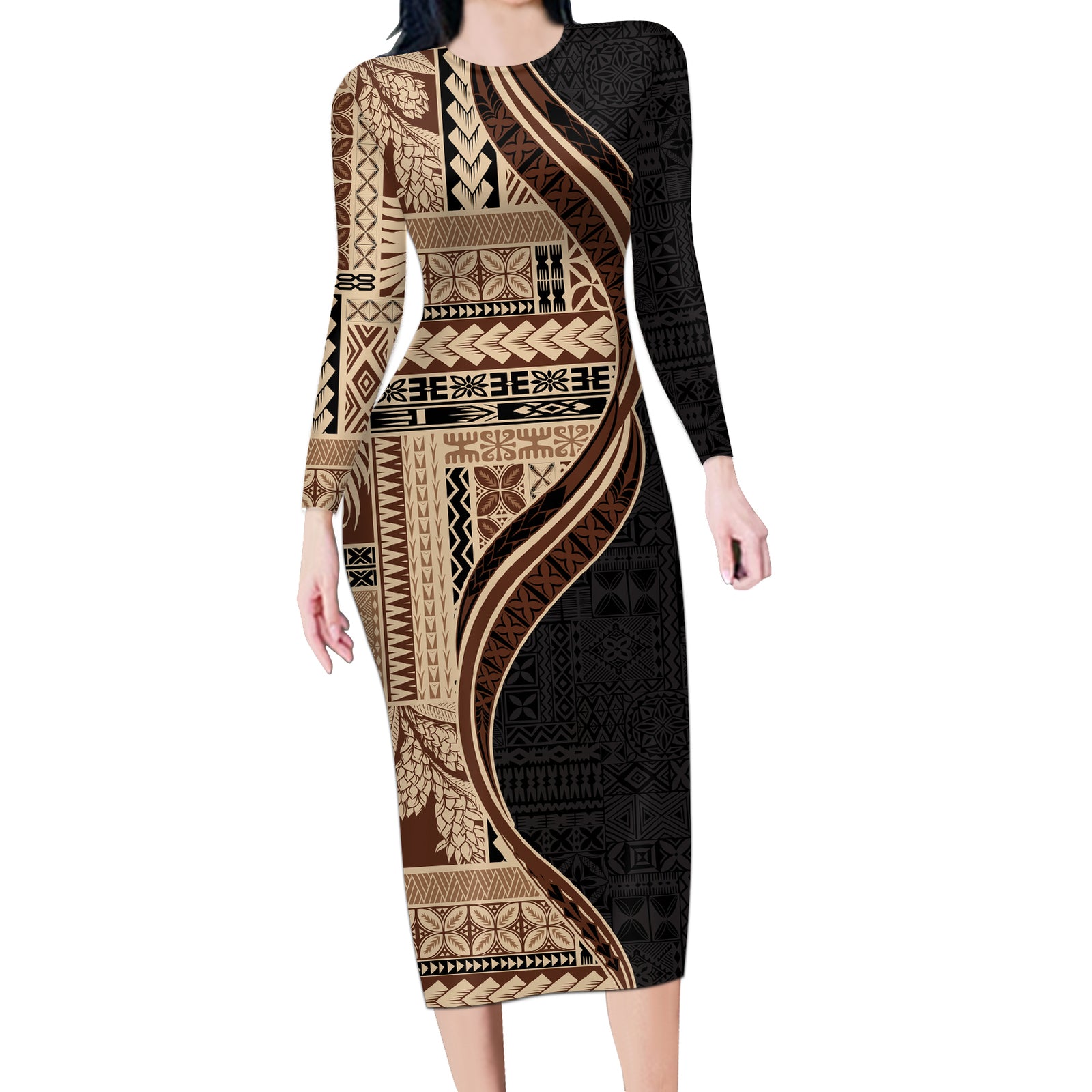 Samoa Siapo Motif and Tapa Pattern Half Style Long Sleeve Bodycon Dress Beige Color LT03 Long Dress Beige - Polynesian Pride
