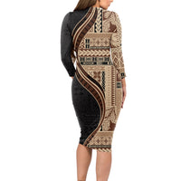 Samoa Siapo Motif and Tapa Pattern Half Style Long Sleeve Bodycon Dress Beige Color LT03 - Polynesian Pride