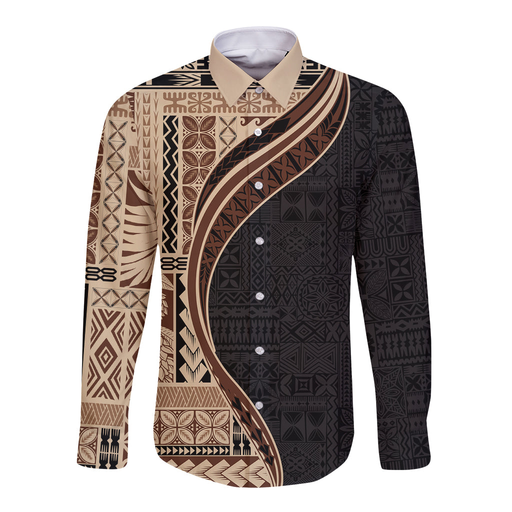 Samoa Siapo Motif and Tapa Pattern Half Style Long Sleeve Button Shirt Beige Color LT03 Unisex Beige - Polynesian Pride