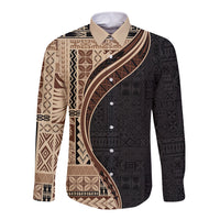 Samoa Siapo Motif and Tapa Pattern Half Style Long Sleeve Button Shirt Beige Color LT03 Unisex Beige - Polynesian Pride