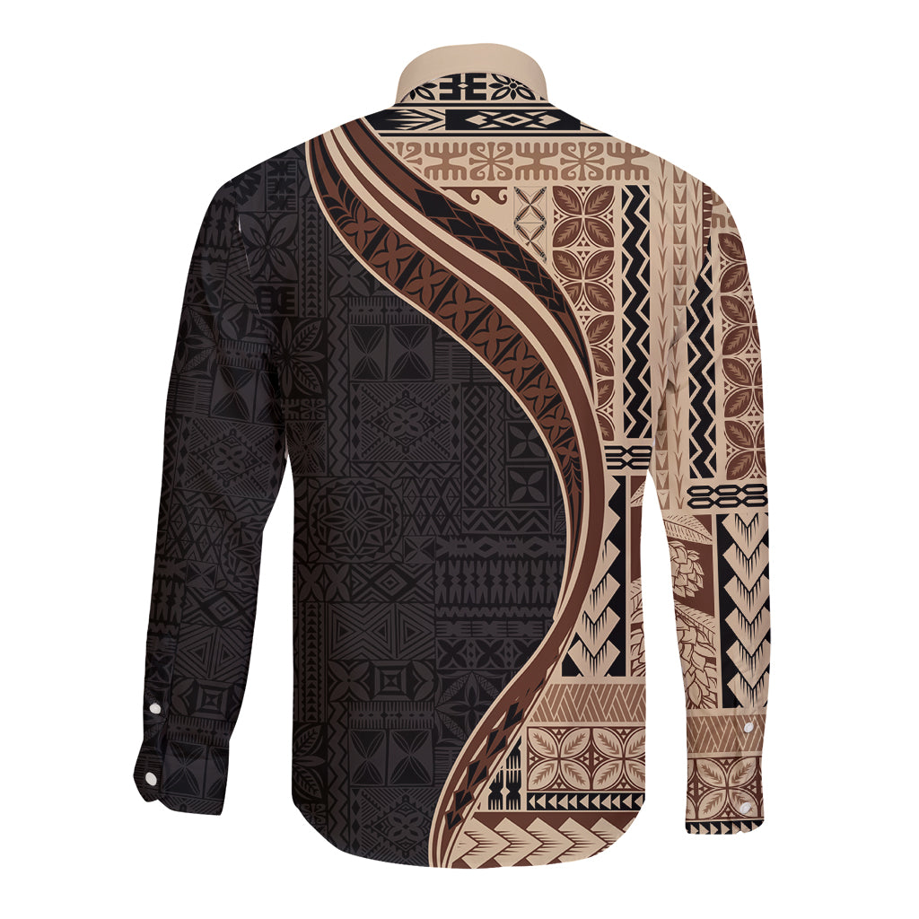 Samoa Siapo Motif and Tapa Pattern Half Style Long Sleeve Button Shirt Beige Color LT03 - Polynesian Pride