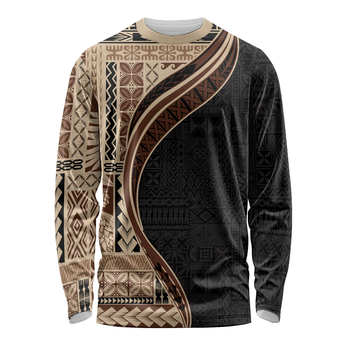 Samoa Siapo Motif and Tapa Pattern Half Style Long Sleeve Shirt Beige Color LT03 Unisex Beige - Polynesian Pride