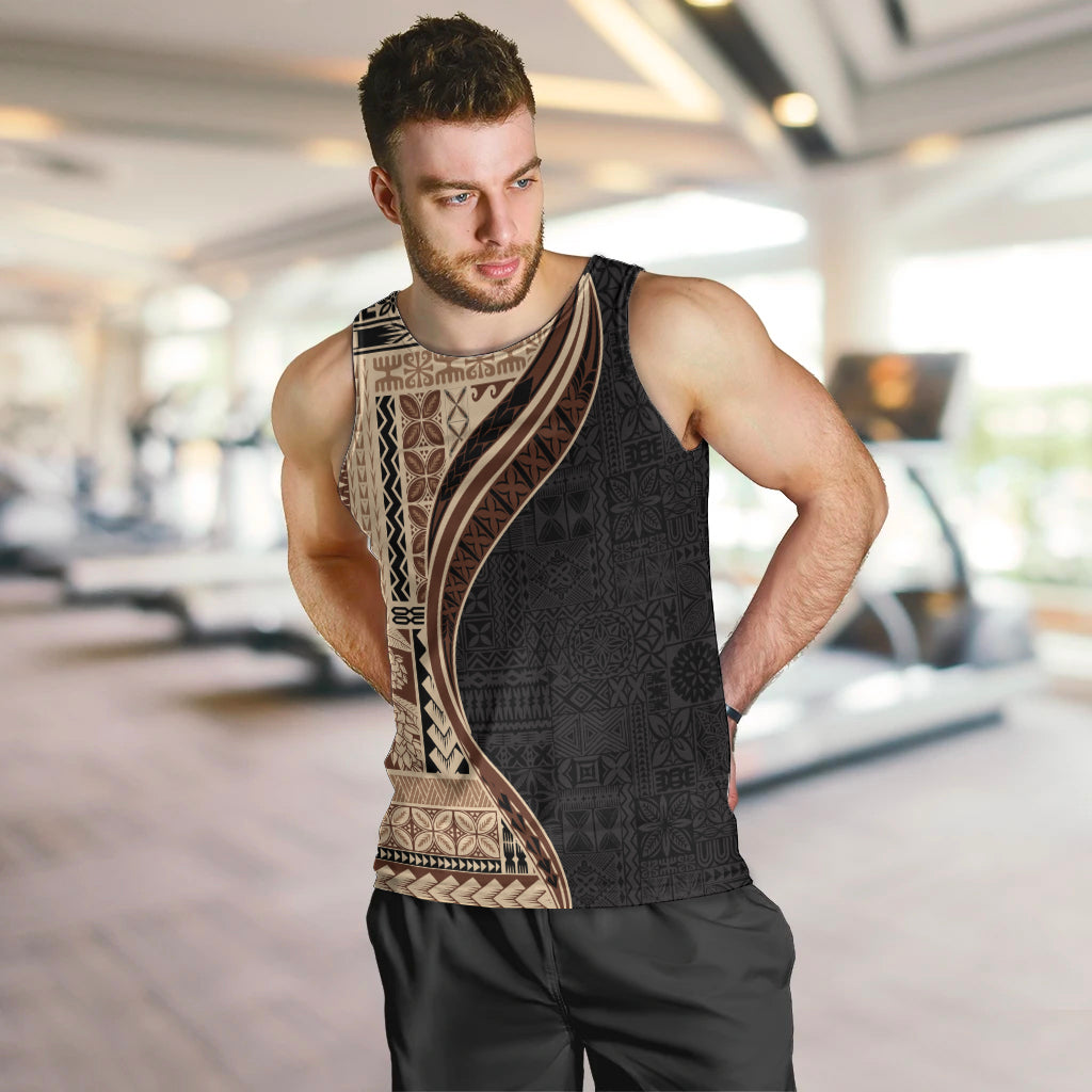 Samoa Siapo Motif and Tapa Pattern Half Style Men Tank Top Beige Color LT03 Beige - Polynesian Pride