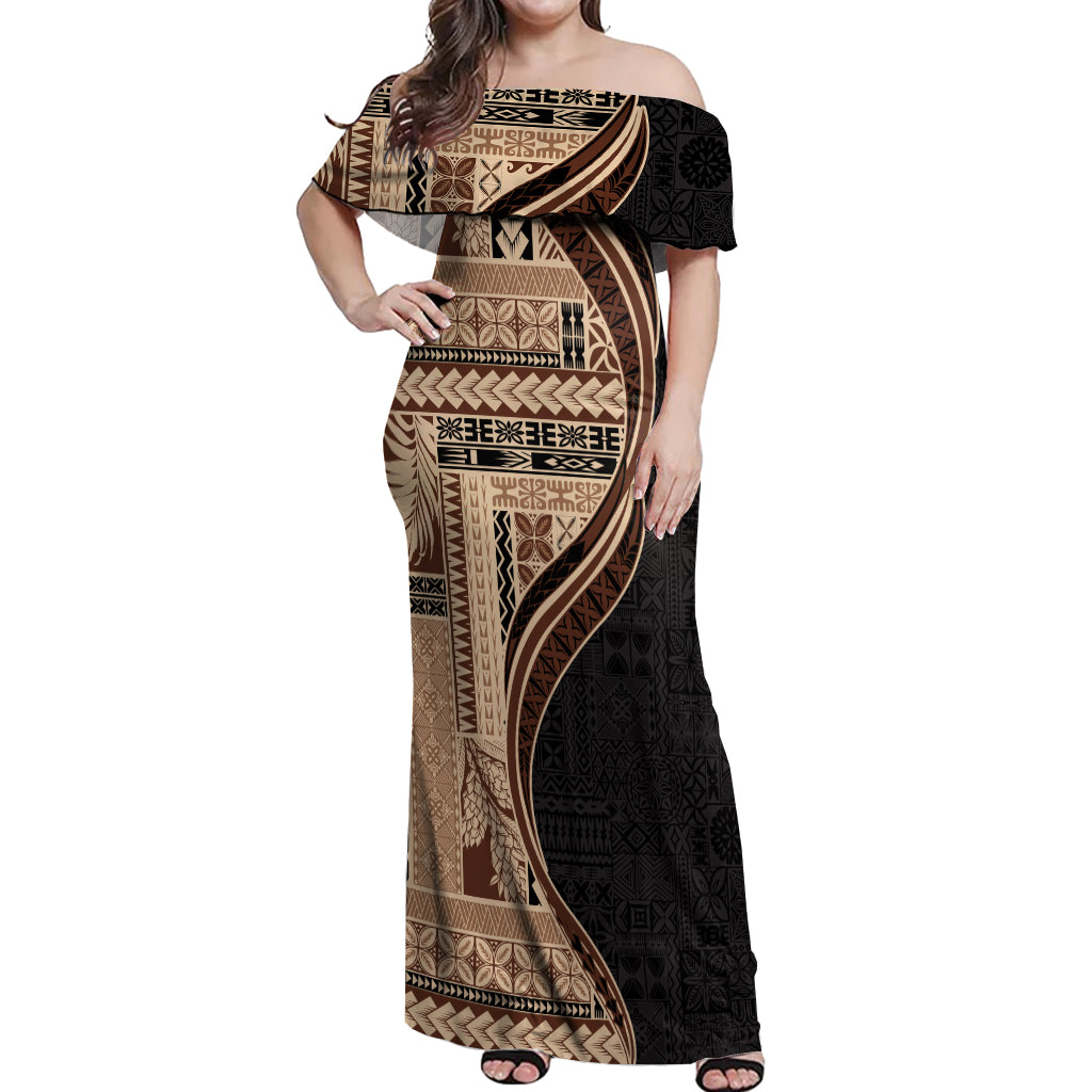 Samoa Siapo Motif and Tapa Pattern Half Style Off Shoulder Maxi Dress Beige Color LT03 Women Beige - Polynesian Pride