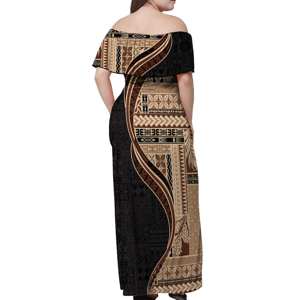 Samoa Siapo Motif and Tapa Pattern Half Style Off Shoulder Maxi Dress Beige Color LT03 - Polynesian Pride