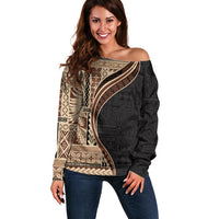 Samoa Siapo Motif and Tapa Pattern Half Style Off Shoulder Sweater Beige Color LT03 Women Beige - Polynesian Pride