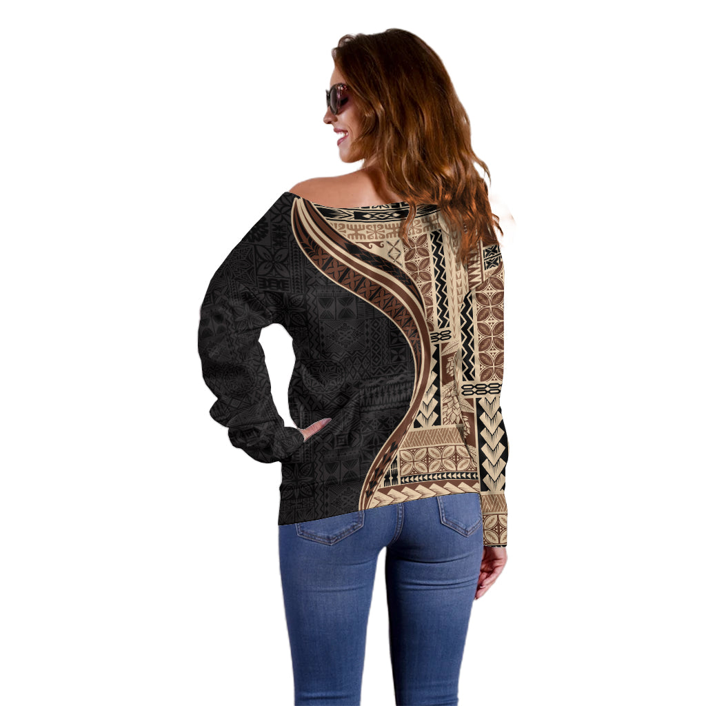 Samoa Siapo Motif and Tapa Pattern Half Style Off Shoulder Sweater Beige Color LT03 - Polynesian Pride