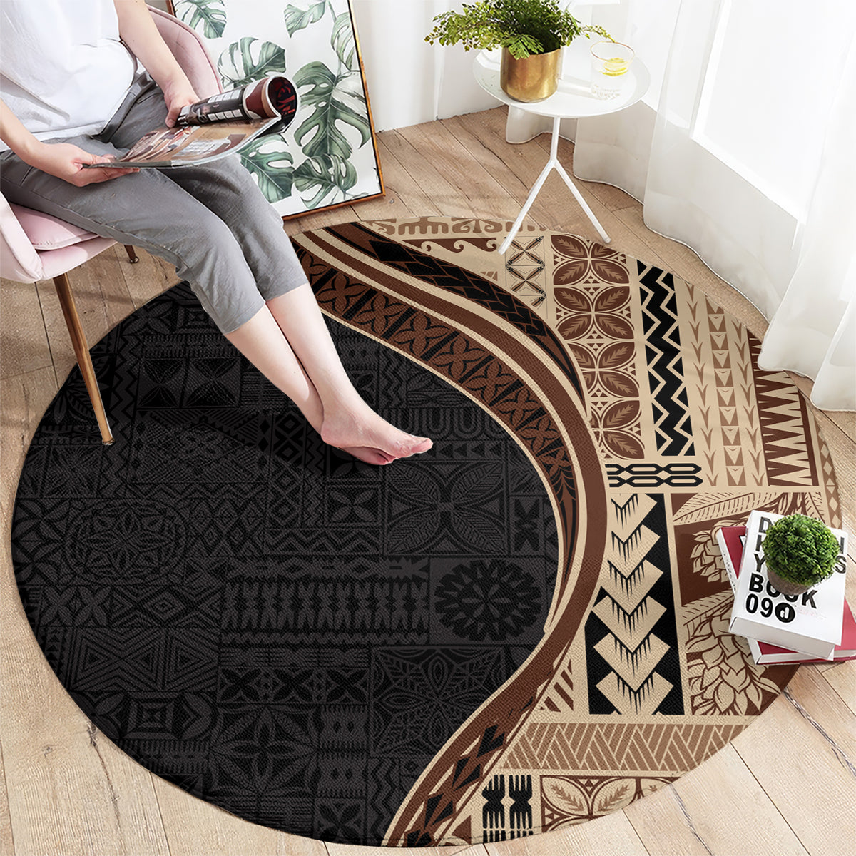 Samoa Siapo Motif and Tapa Pattern Half Style Round Carpet Beige Color LT03 - Polynesian Pride