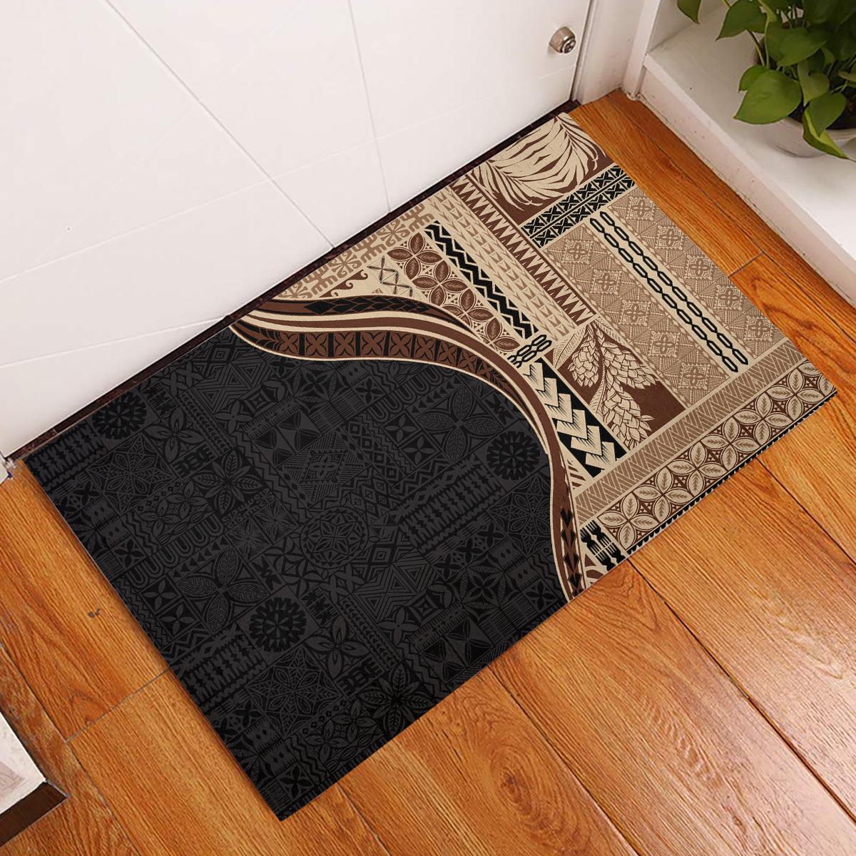 Samoa Siapo Motif and Tapa Pattern Half Style Rubber Doormat Beige Color LT03 Beige - Polynesian Pride