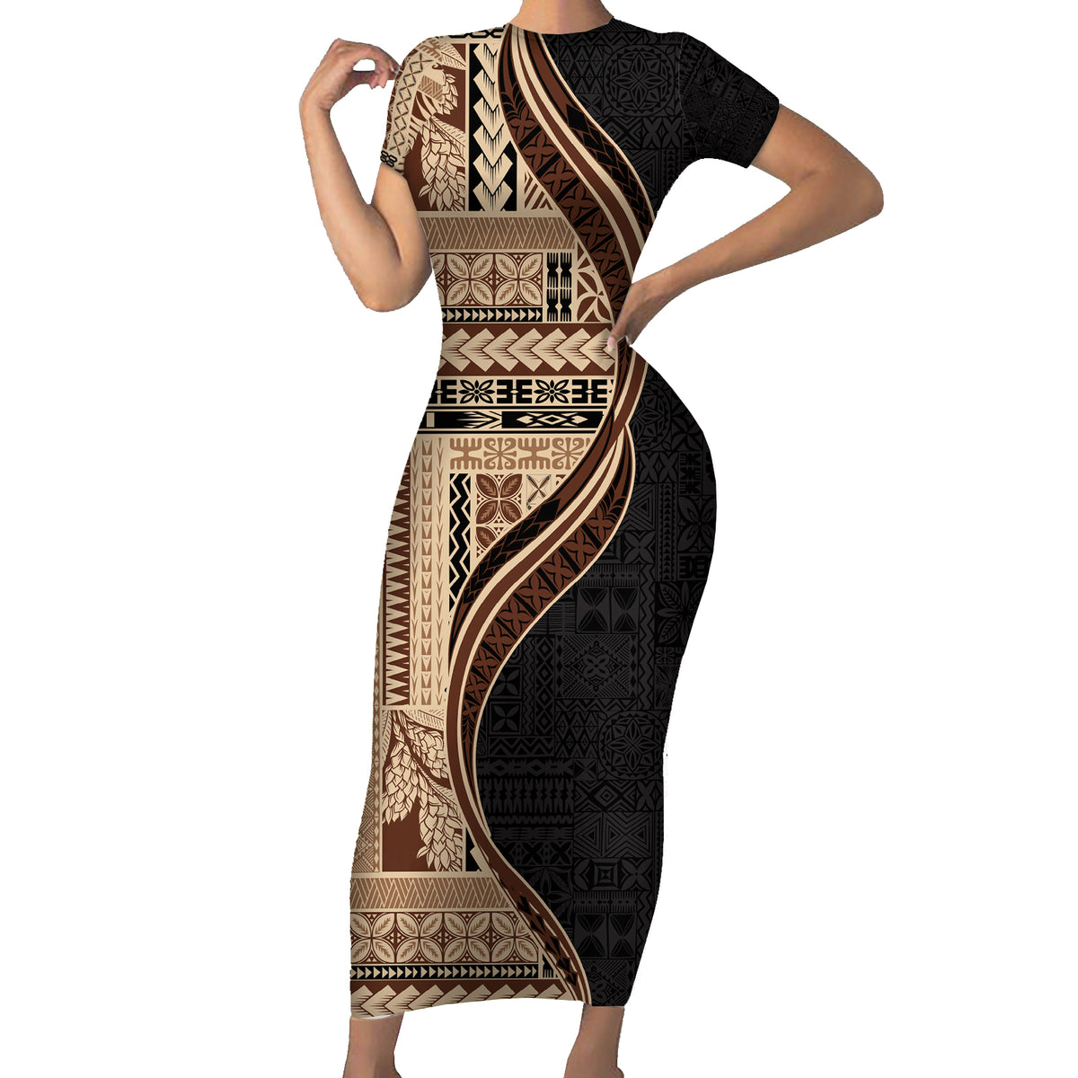 Samoa Siapo Motif and Tapa Pattern Half Style Short Sleeve Bodycon Dress Beige Color LT03 Long Dress Beige - Polynesian Pride
