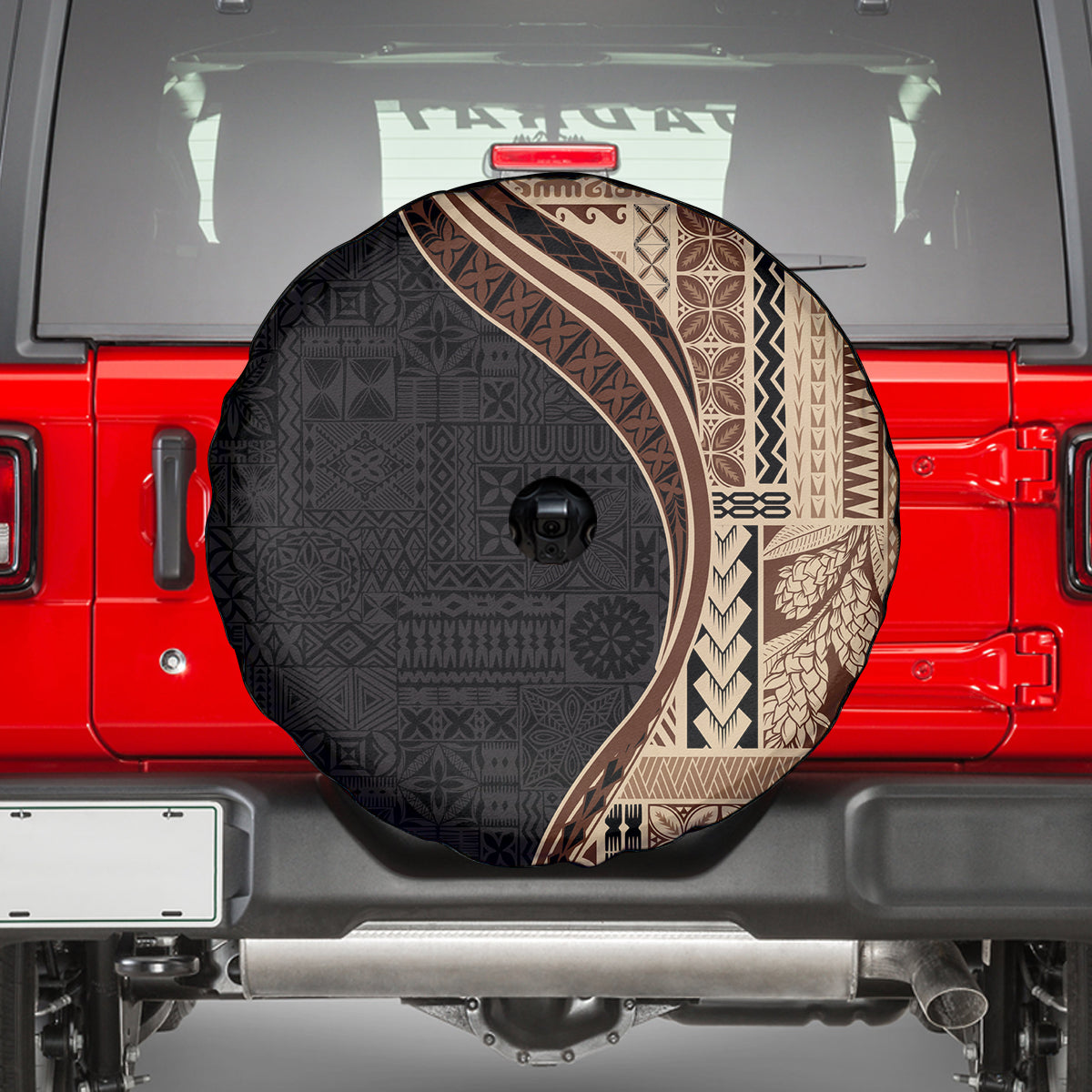 Samoa Siapo Motif and Tapa Pattern Half Style Spare Tire Cover Beige Color LT03 - Polynesian Pride