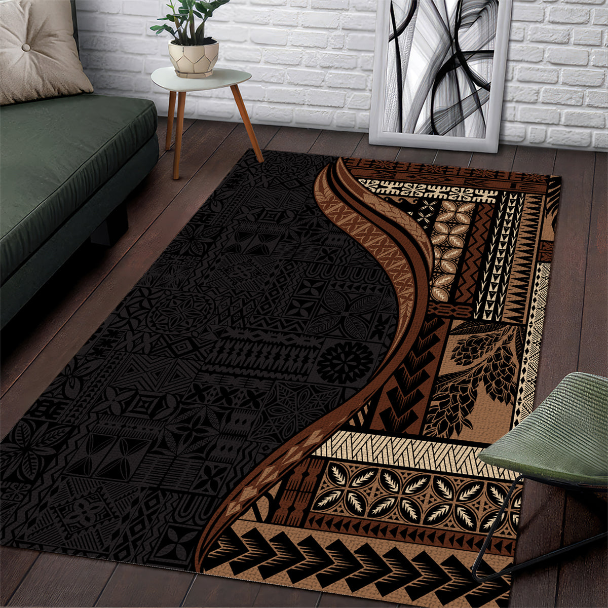 Samoa Siapo Motif and Tapa Pattern Half Style Area Rug Black Color LT03 Black - Polynesian Pride