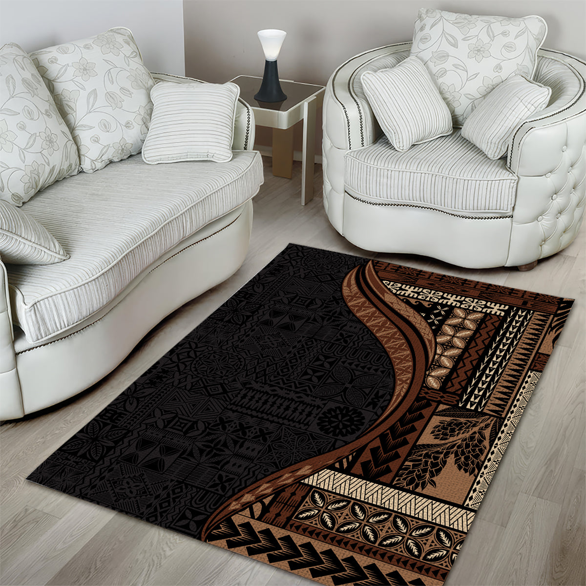 Samoa Siapo Motif and Tapa Pattern Half Style Area Rug Black Color LT03 - Polynesian Pride