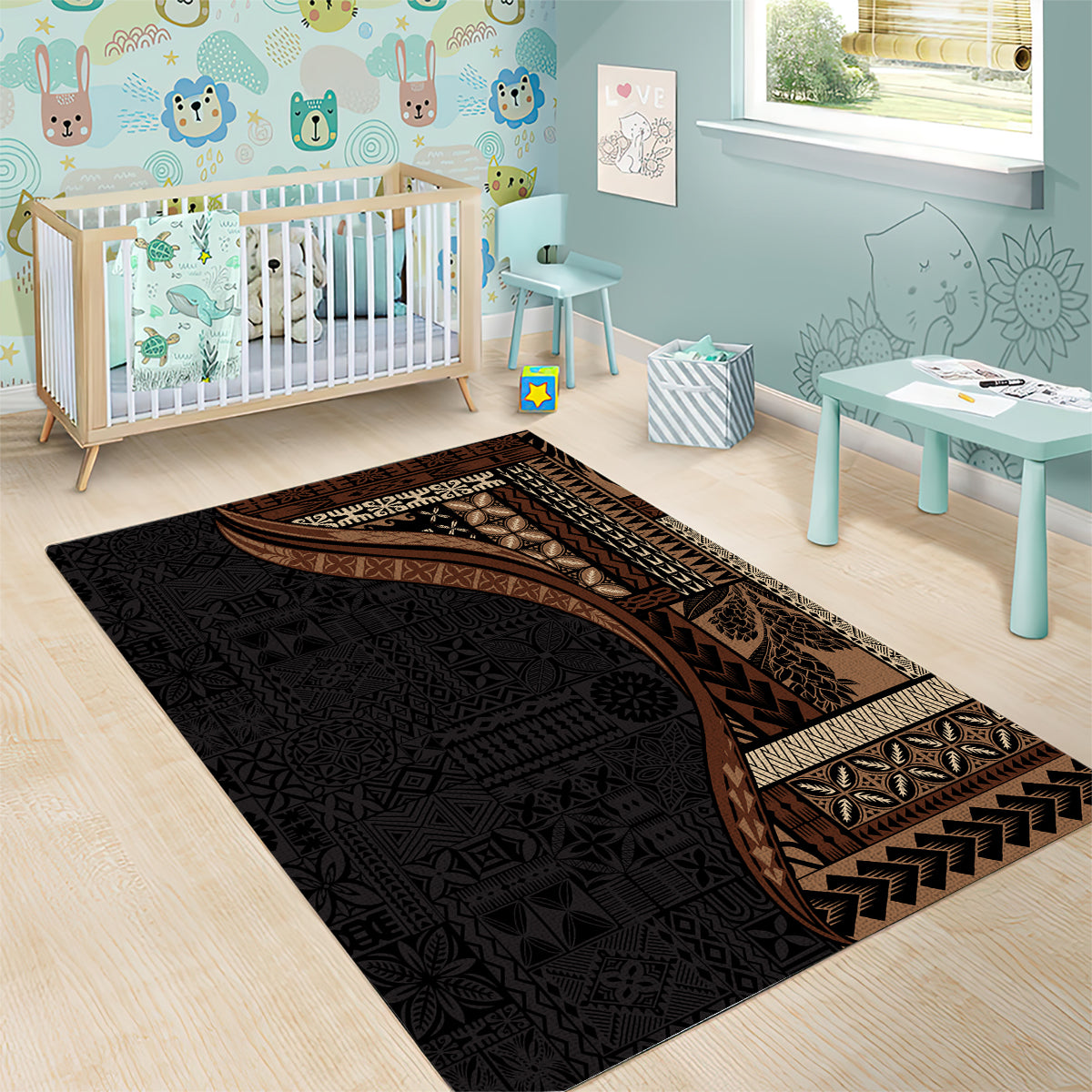 Samoa Siapo Motif and Tapa Pattern Half Style Area Rug Black Color LT03 - Polynesian Pride