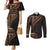 Samoa Siapo Motif and Tapa Pattern Half Style Couples Matching Mermaid Dress and Long Sleeve Button Shirt Black Color