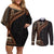 Samoa Siapo Motif and Tapa Pattern Half Style Couples Matching Off Shoulder Short Dress and Long Sleeve Button Shirt Black Color