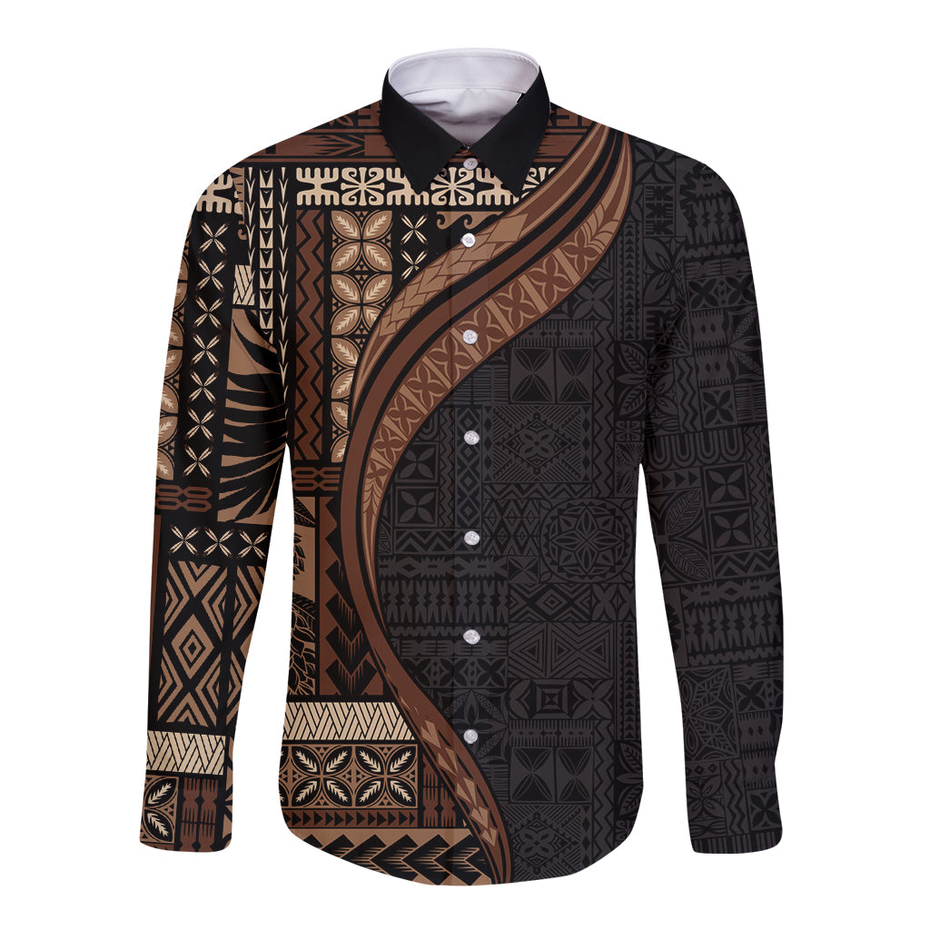 Samoa Siapo Motif and Tapa Pattern Half Style Long Sleeve Button Shirt Black Color LT03 Unisex Black - Polynesian Pride