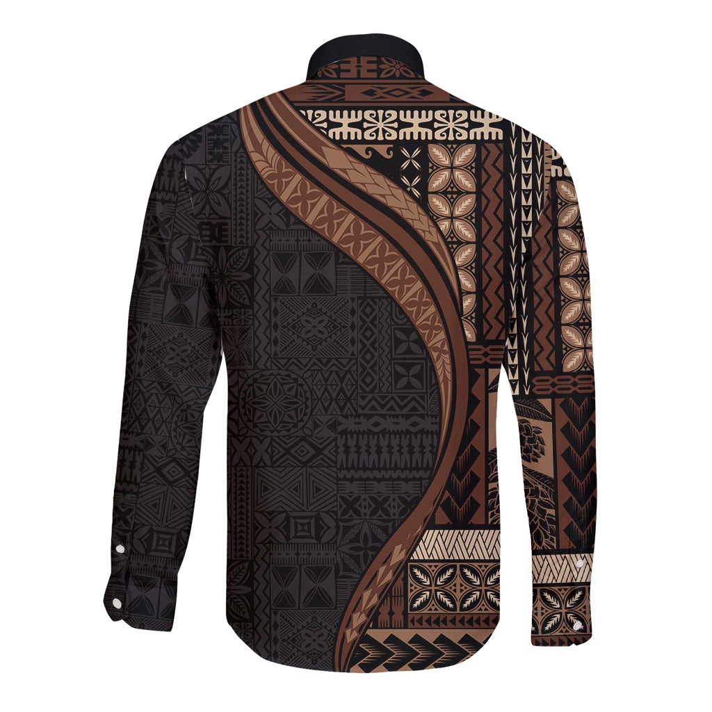 Samoa Siapo Motif and Tapa Pattern Half Style Long Sleeve Button Shirt Black Color LT03 - Polynesian Pride