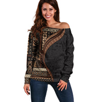 Samoa Siapo Motif and Tapa Pattern Half Style Off Shoulder Sweater Black Color LT03 Women Black - Polynesian Pride