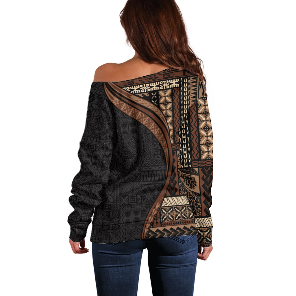 Samoa Siapo Motif and Tapa Pattern Half Style Off Shoulder Sweater Black Color LT03 - Polynesian Pride