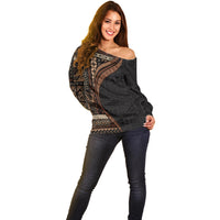 Samoa Siapo Motif and Tapa Pattern Half Style Off Shoulder Sweater Black Color LT03 - Polynesian Pride