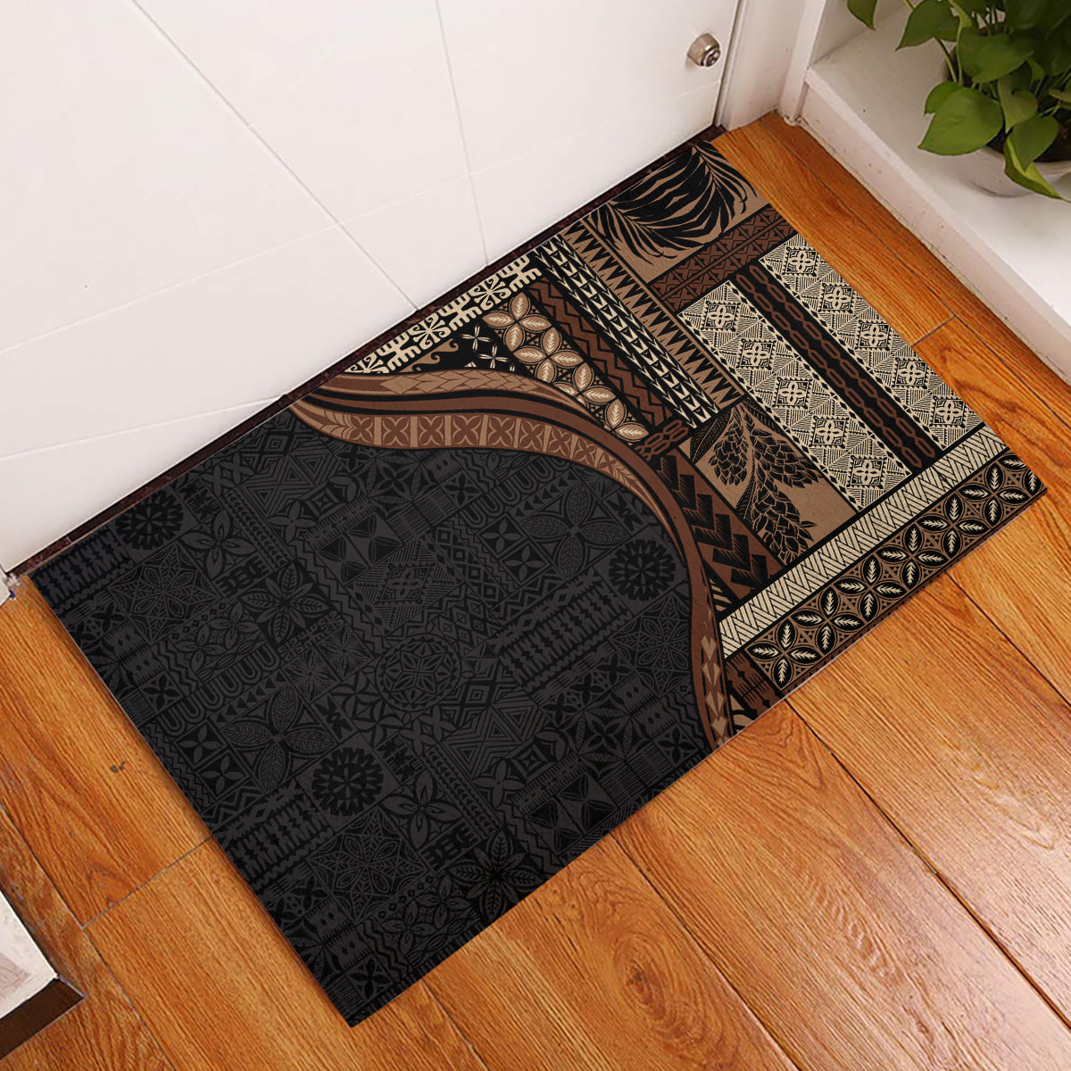 Samoa Siapo Motif and Tapa Pattern Half Style Rubber Doormat Black Color LT03 Black - Polynesian Pride