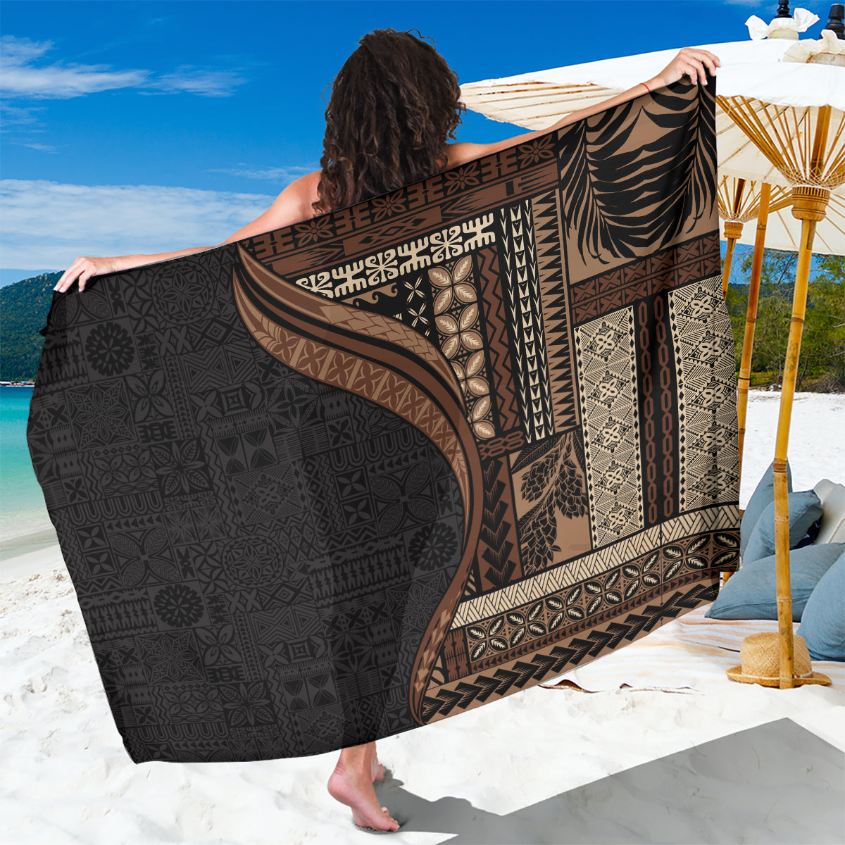 Samoa Siapo Motif and Tapa Pattern Half Style Sarong Black Color LT03 One Size 44 x 66 inches Black - Polynesian Pride
