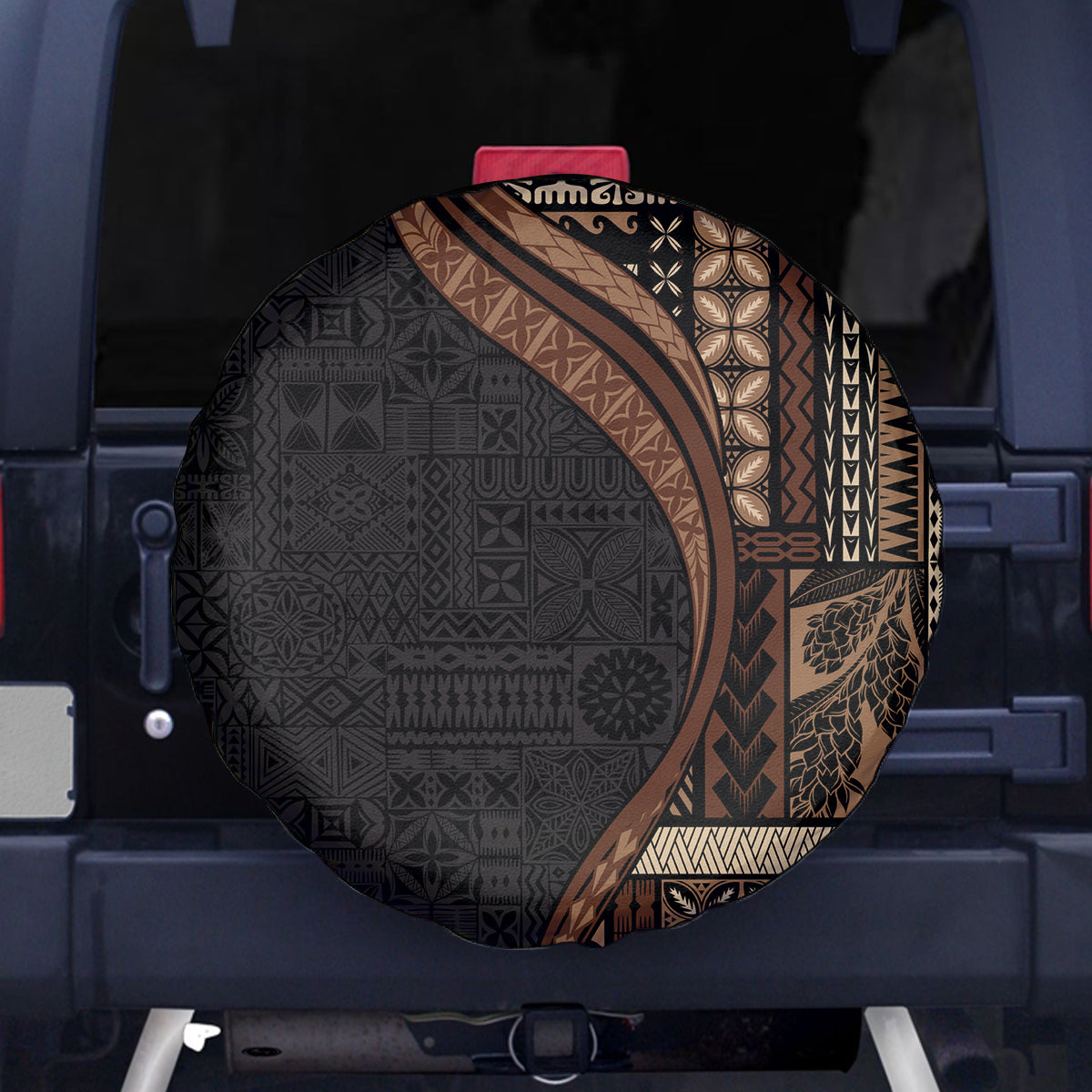 Samoa Siapo Motif and Tapa Pattern Half Style Spare Tire Cover Black Color LT03 - Polynesian Pride