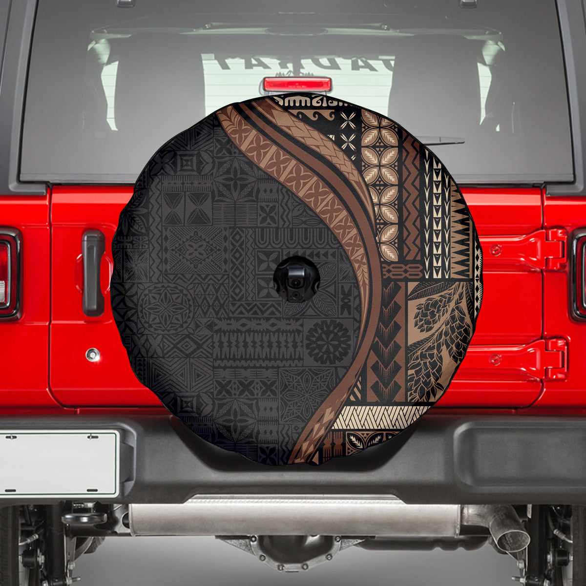 Samoa Siapo Motif and Tapa Pattern Half Style Spare Tire Cover Black Color LT03 - Polynesian Pride