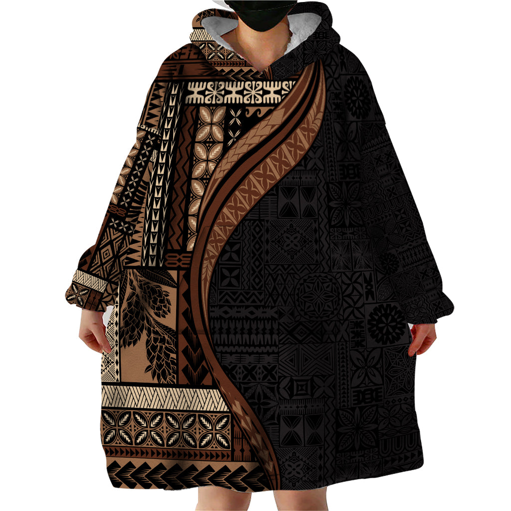 Samoa Siapo Motif and Tapa Pattern Half Style Wearable Blanket Hoodie Black Color LT03 - Polynesian Pride