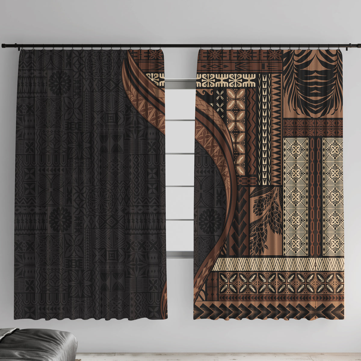 Samoa Siapo Motif and Tapa Pattern Half Style Window Curtain Black Color LT03 With Hooks Black - Polynesian Pride
