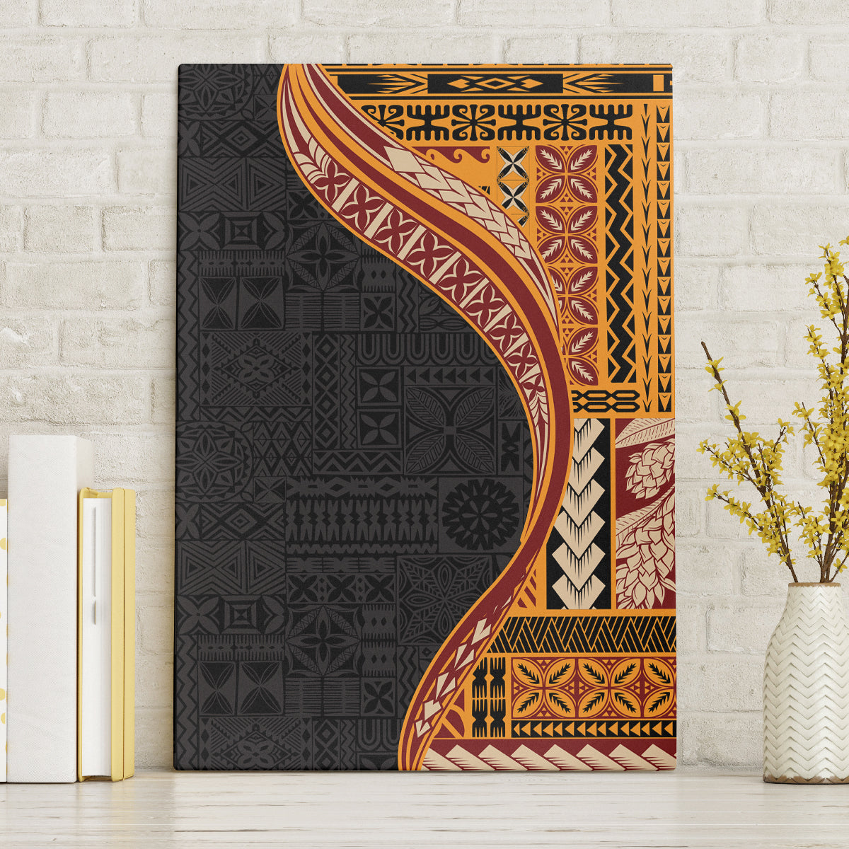 Samoa Siapo Motif and Tapa Pattern Half Style Canvas Wall Art Yellow Color LT03 Without Frame Yellow - Polynesian Pride