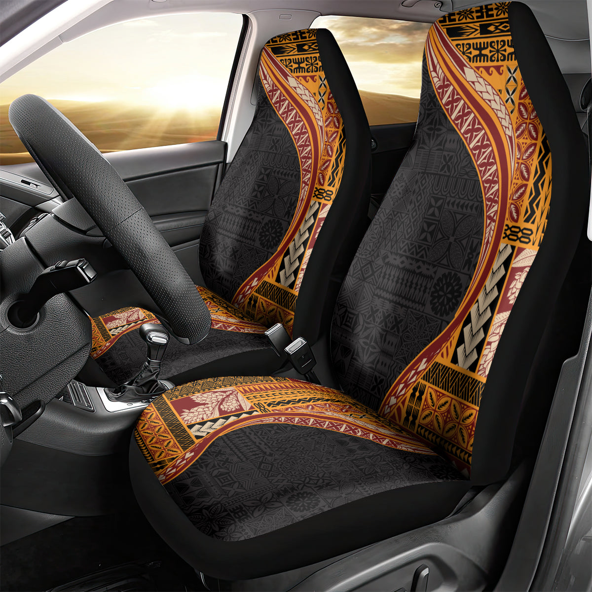 Samoa Siapo Motif and Tapa Pattern Half Style Car Seat Cover Yellow Color LT03 - Polynesian Pride