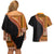 Samoa Siapo Motif and Tapa Pattern Half Style Couples Matching Off Shoulder Short Dress and Hawaiian Shirt Yellow Color