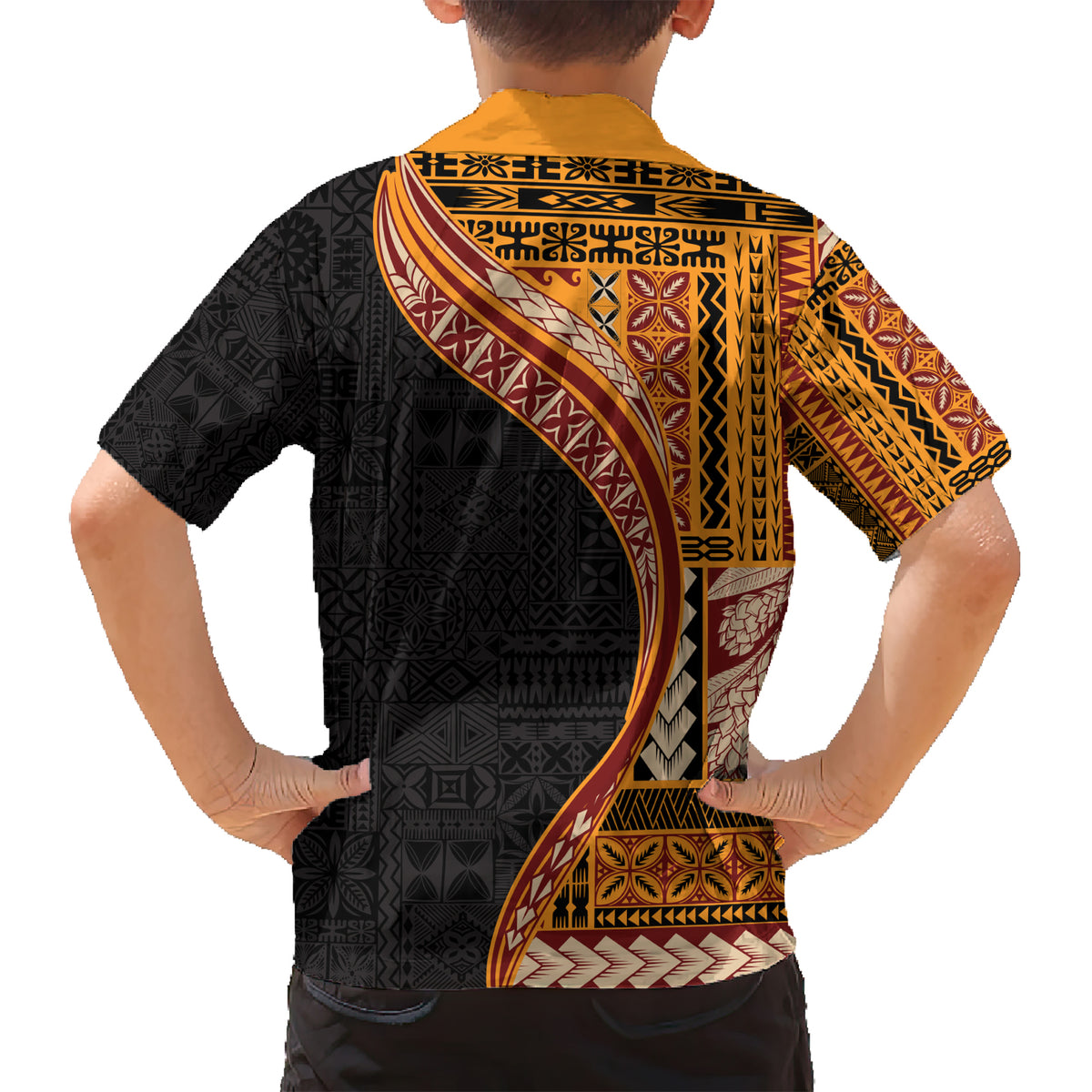 Samoa Siapo Motif and Tapa Pattern Half Style Kid Hawaiian Shirt Yellow Color LT03 - Polynesian Pride
