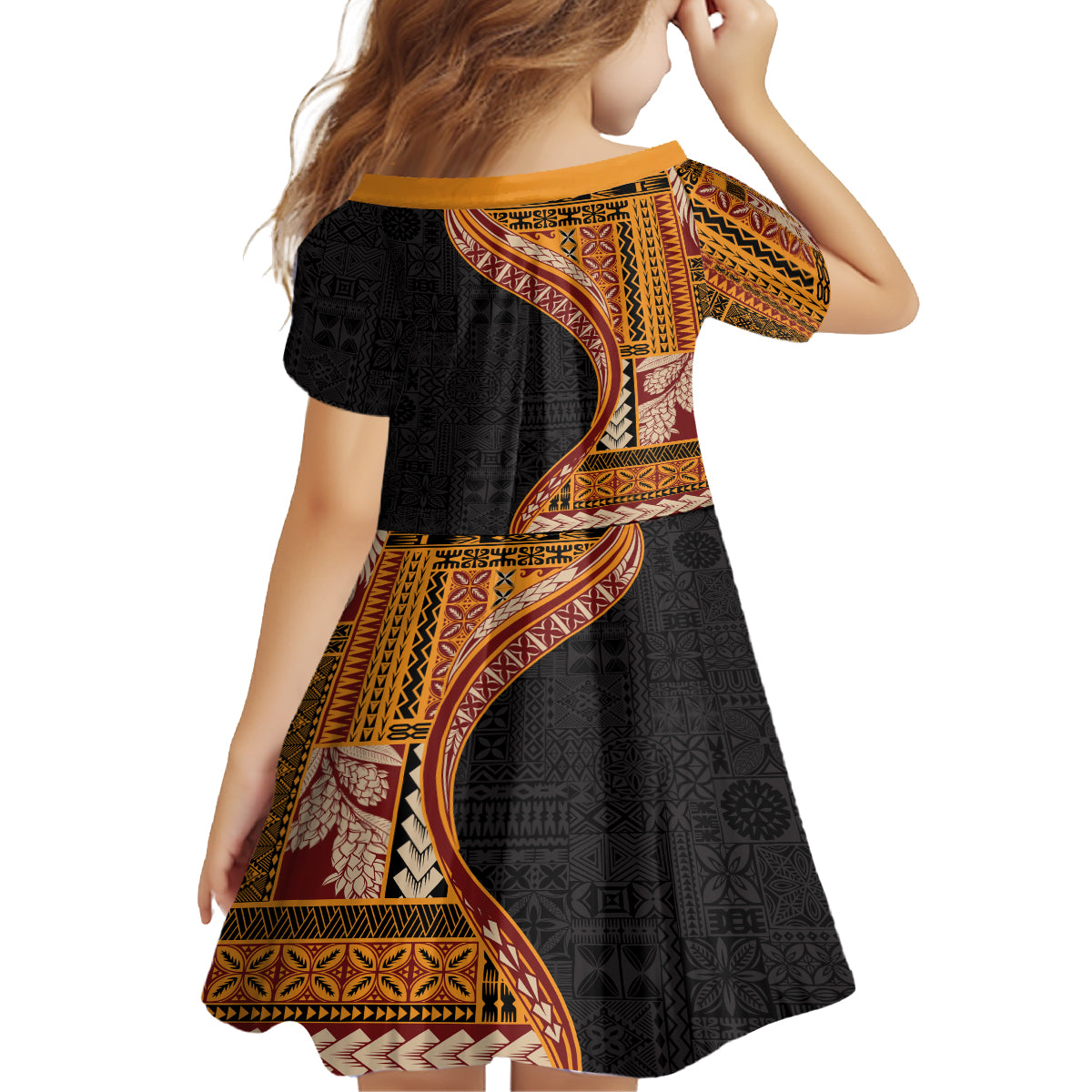 Samoa Siapo Motif and Tapa Pattern Half Style Kid Short Sleeve Dress Yellow Color LT03 - Polynesian Pride