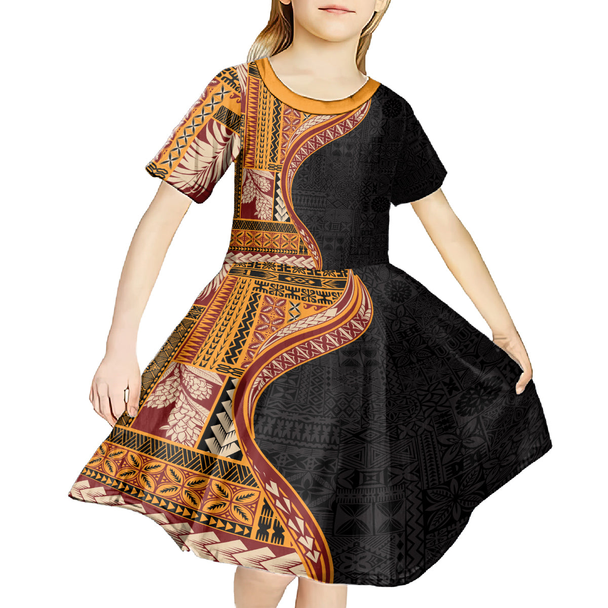 Samoa Siapo Motif and Tapa Pattern Half Style Kid Short Sleeve Dress Yellow Color LT03 - Polynesian Pride