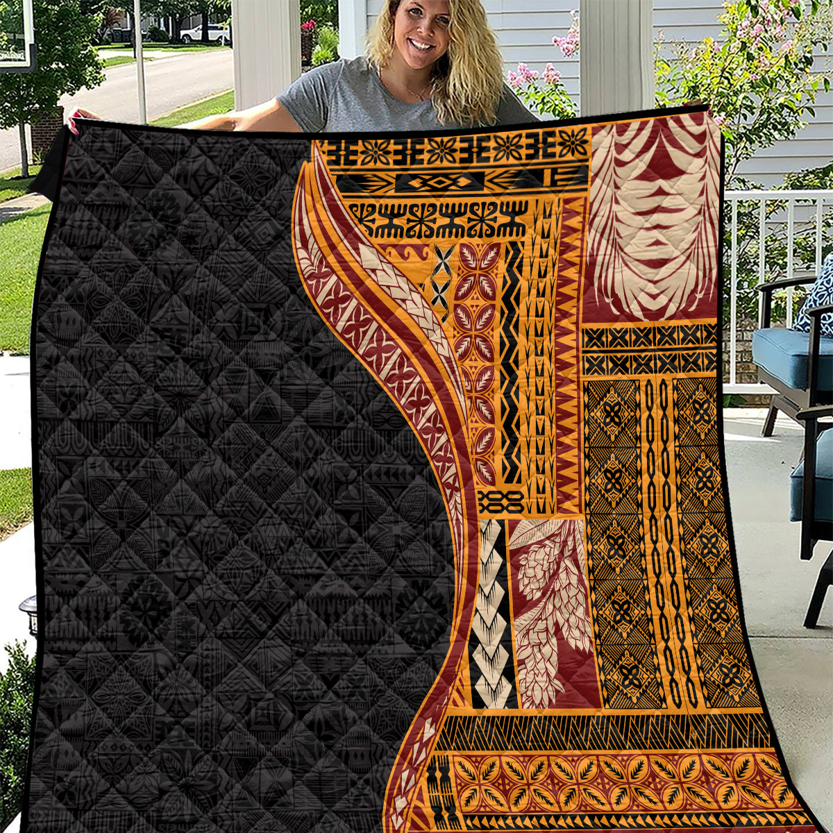 Samoa Siapo Motif and Tapa Pattern Half Style Quilt Yellow Color