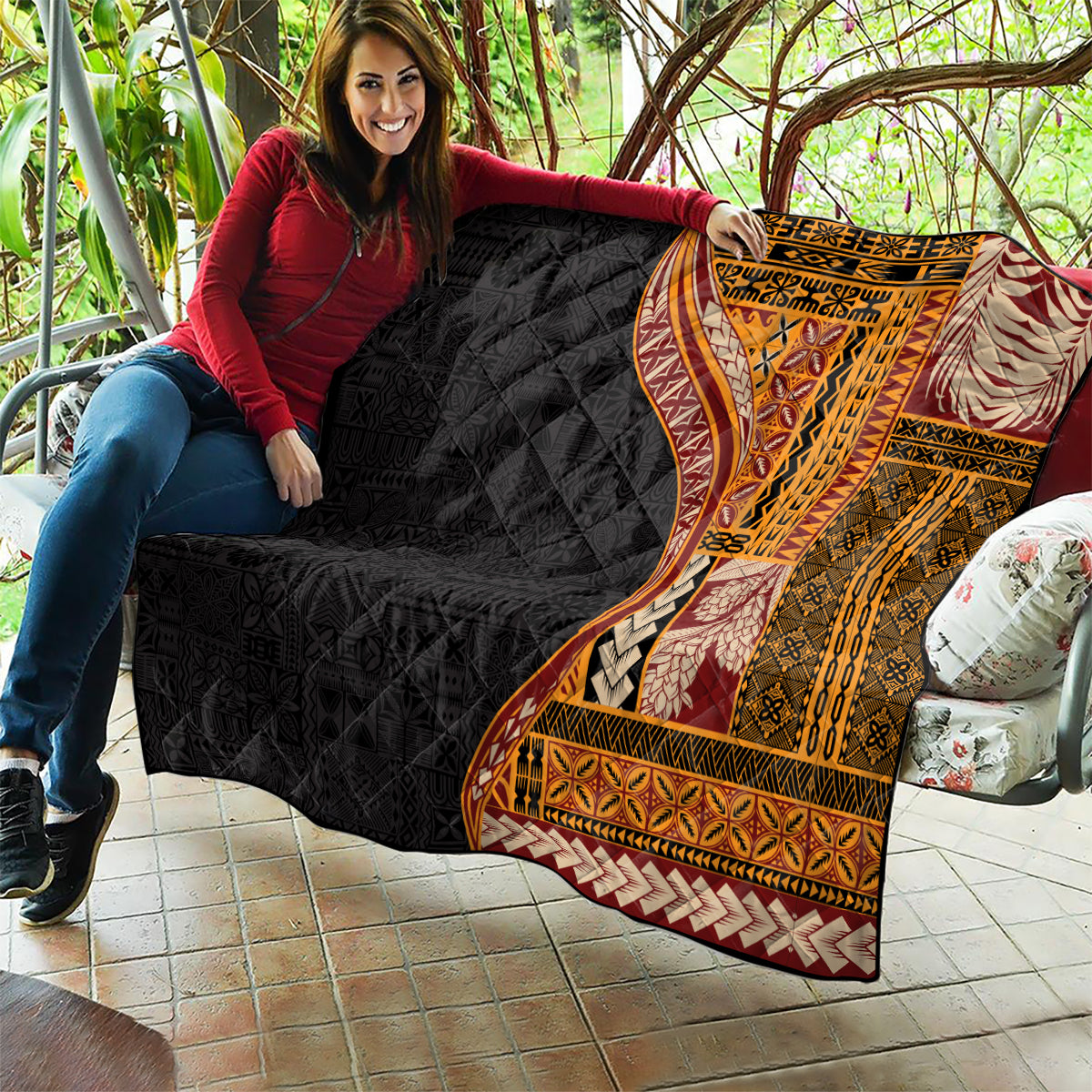 Samoa Siapo Motif and Tapa Pattern Half Style Quilt Yellow Color LT03 - Polynesian Pride