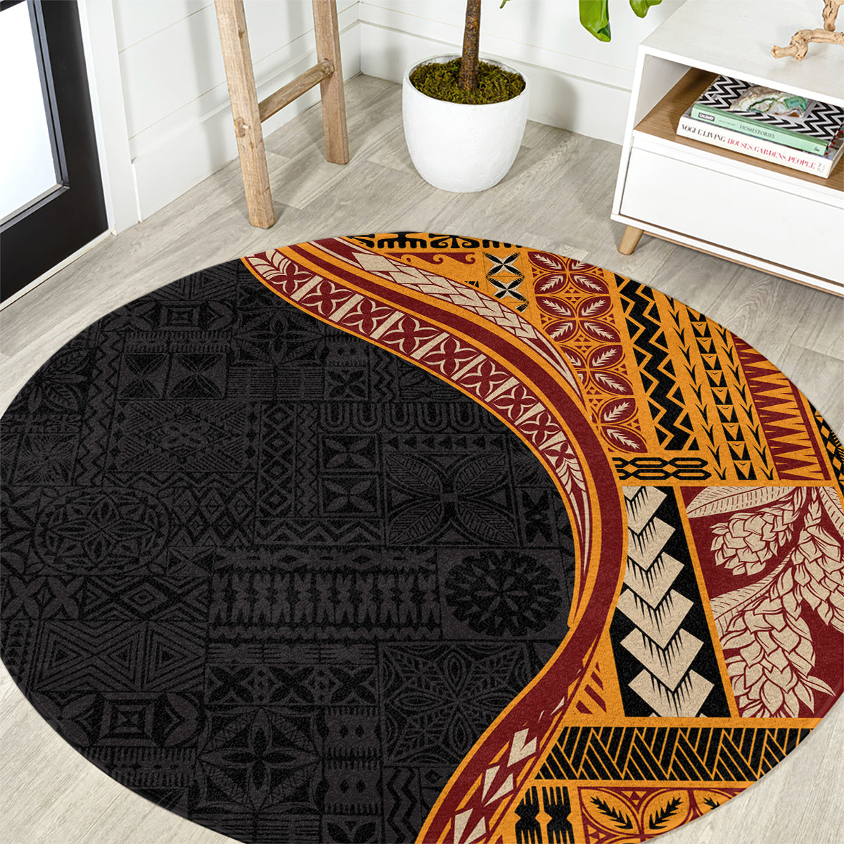 Samoa Siapo Motif and Tapa Pattern Half Style Round Carpet Yellow Color LT03 Yellow - Polynesian Pride