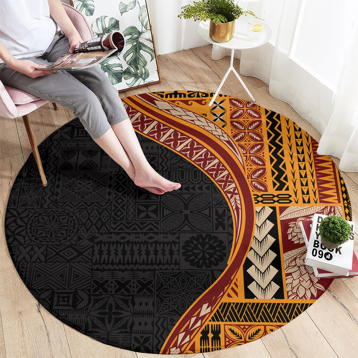 Samoa Siapo Motif and Tapa Pattern Half Style Round Carpet Yellow Color LT03 - Polynesian Pride