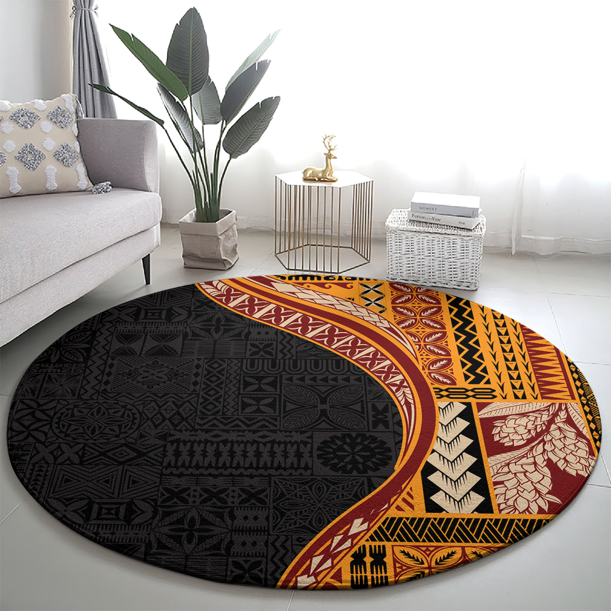 Samoa Siapo Motif and Tapa Pattern Half Style Round Carpet Yellow Color LT03 - Polynesian Pride