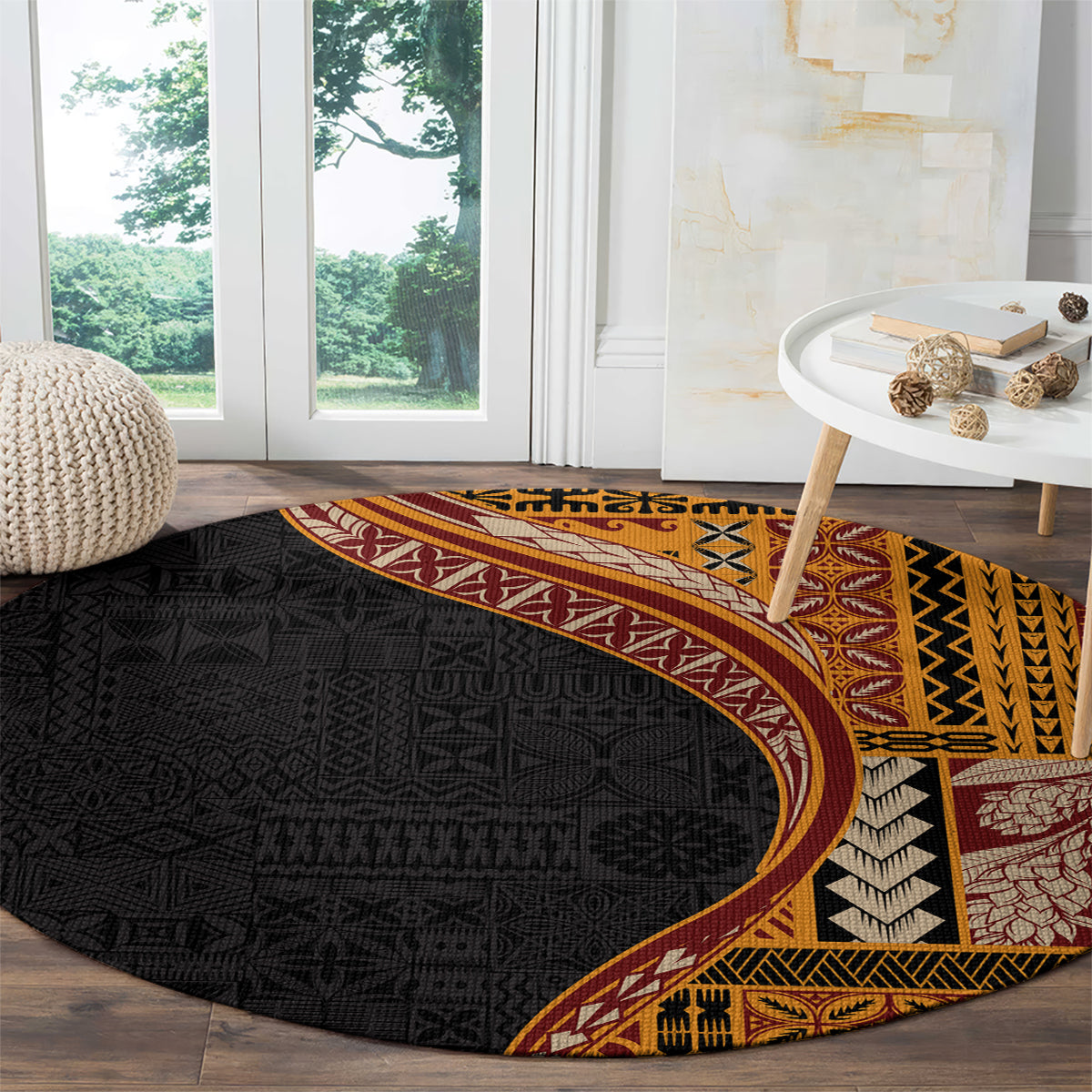 Samoa Siapo Motif and Tapa Pattern Half Style Round Carpet Yellow Color LT03 - Polynesian Pride