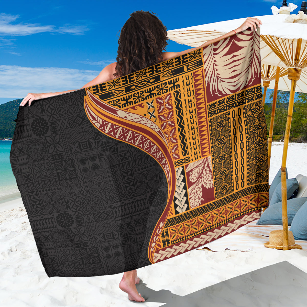 Samoa Siapo Motif and Tapa Pattern Half Style Sarong Yellow Color LT03 One Size 44 x 66 inches Yellow - Polynesian Pride