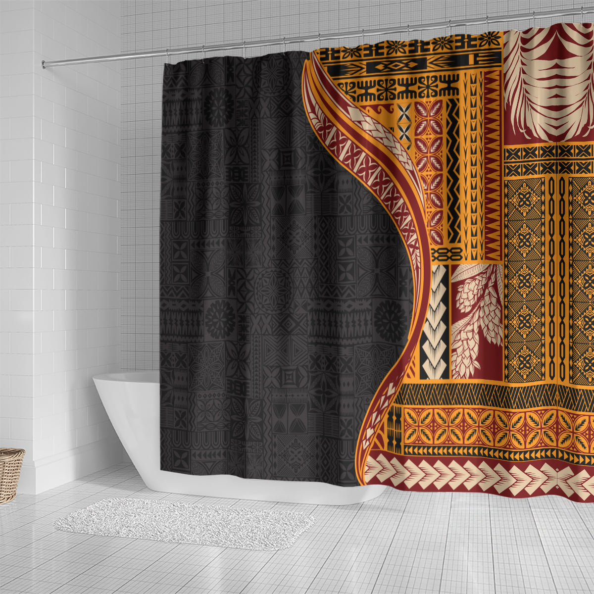 Samoa Siapo Motif and Tapa Pattern Half Style Shower Curtain Yellow Color LT03 - Polynesian Pride