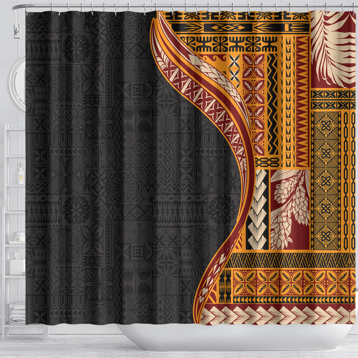 Samoa Siapo Motif and Tapa Pattern Half Style Shower Curtain Yellow Color LT03 - Polynesian Pride